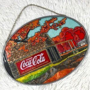 NWOT Vintage Coca-Cola Oval Stained Glass Autumn Beauty Wall Hanging